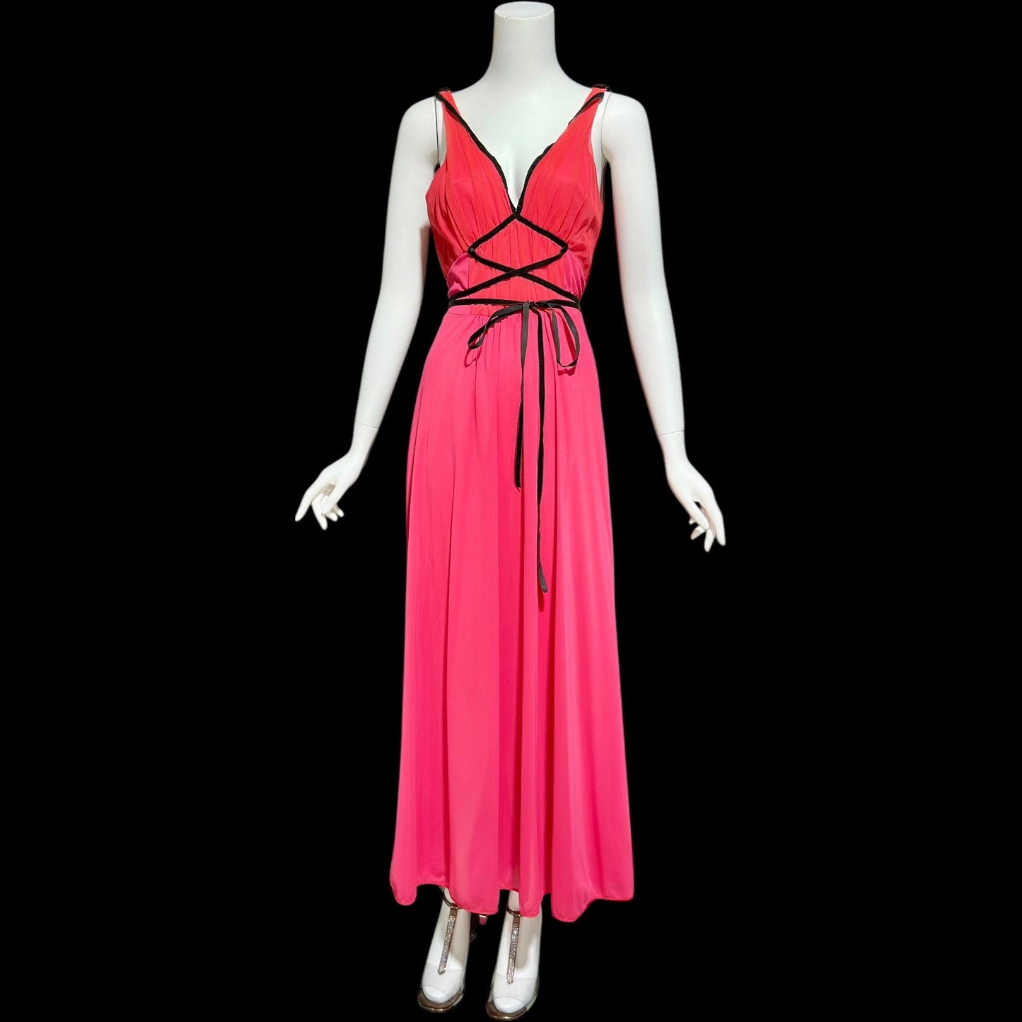 SCHIAPARELLI, vintage 1950s nightgown slip dress, shocking pink and lipstick red full length slip dress, Grecian Goddess gown