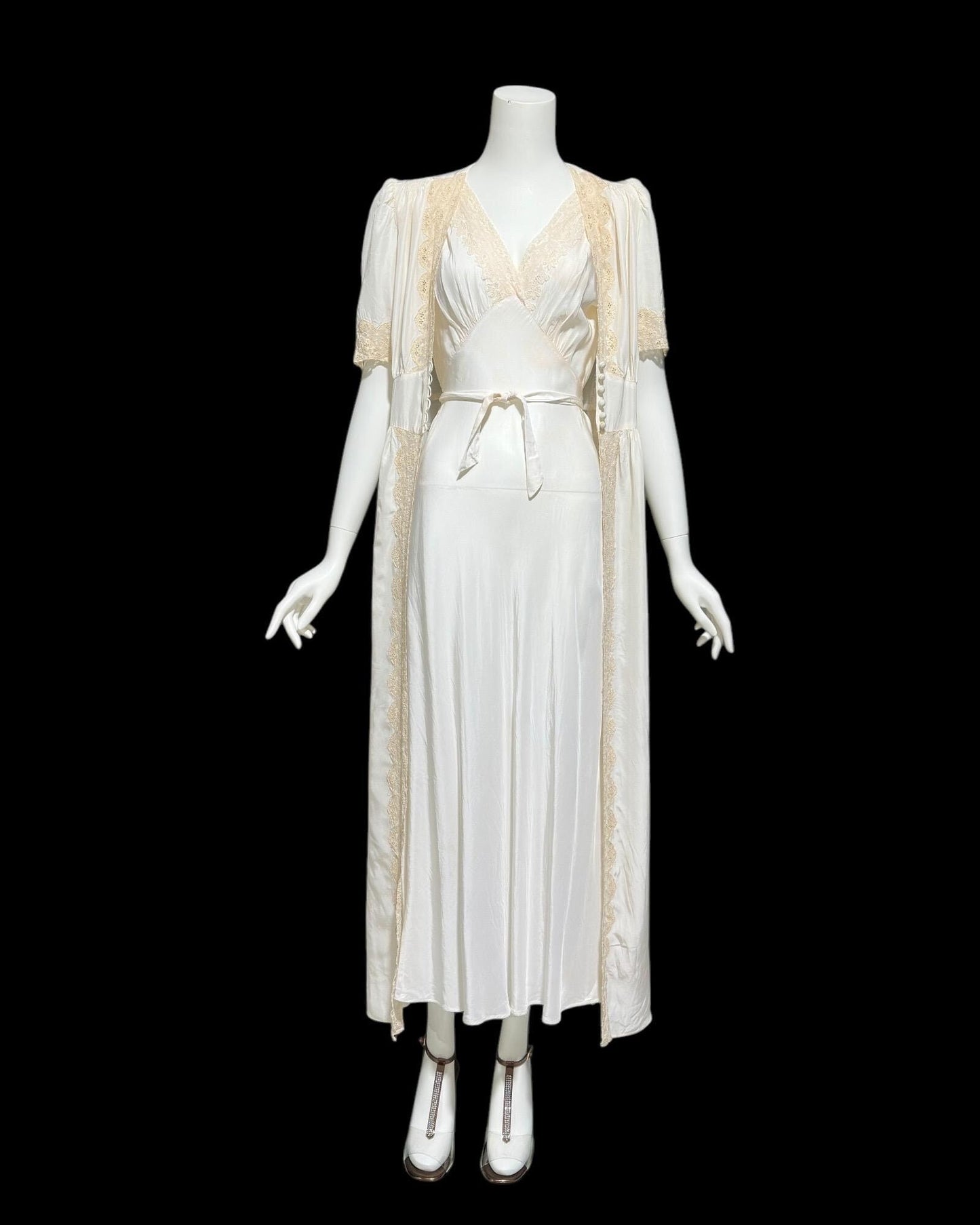 TULA, vintage 1940s peignoir set, white sheath slip dress robe set