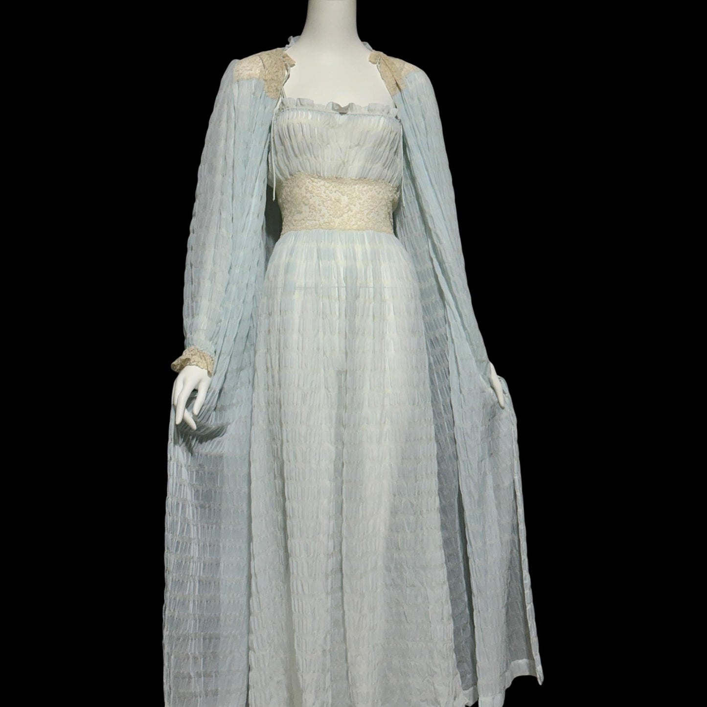 By IRIS, vintage 1930s Nightgown robe set, ethereal blue and white sheer waffled nylon slip dress and dressing gown, peignoir set