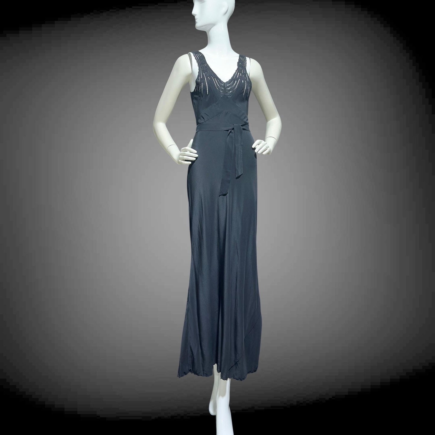 PEONY, vintage 1950s Silk Nightgown slip dress, inky black bias cut hand embroidered gown
