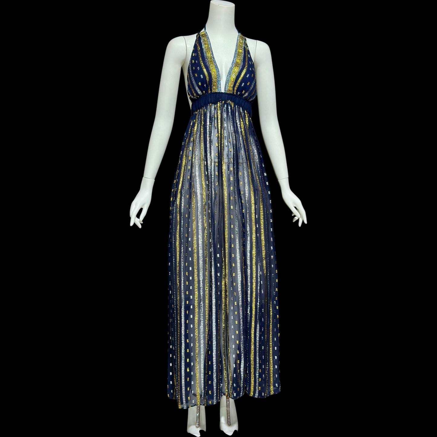 1970s Vintage Disco Diva evening dress, sheer nylon and metallic halter gown, studio 54 disco, small