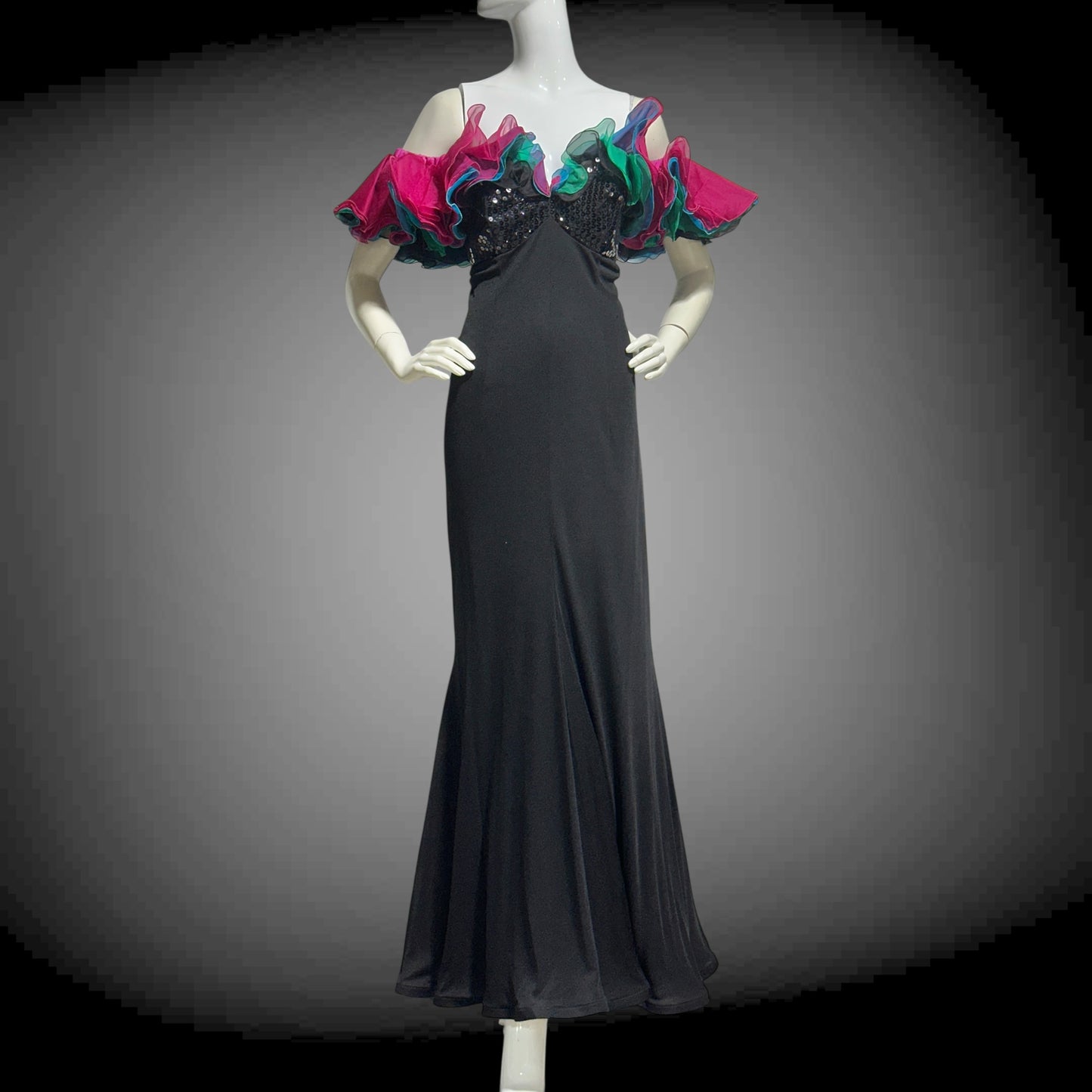 EUGENE ALEXANDER, vintage 1980s evening gown, Black sheath dress, HUGE ruffle collar, Sequin Bodice, on or off shoulders