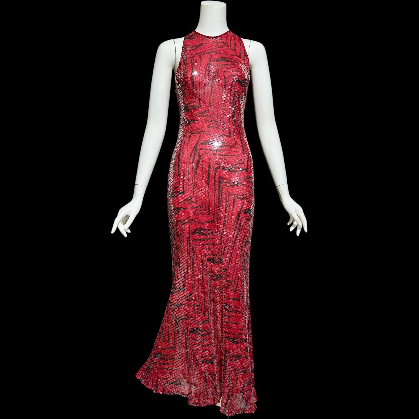 CHETTA B, vintage 1990s evening dress, Bias cut Bodycon red black tiger stripe print sheath slip maxi silk sequin gown