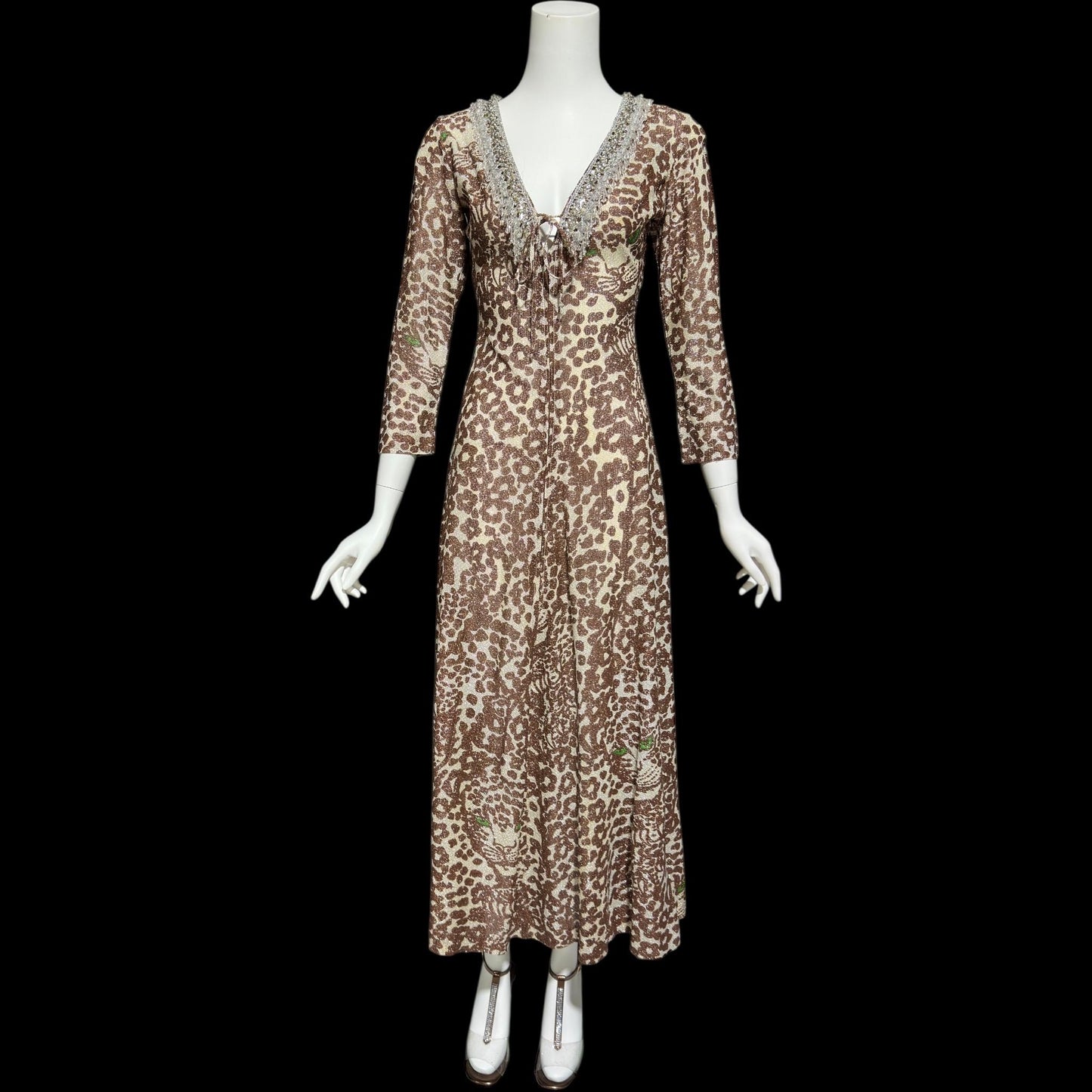 TAMMY vintage 1970s lurex maxi dress, slinky leopard animal print metallic knit dress