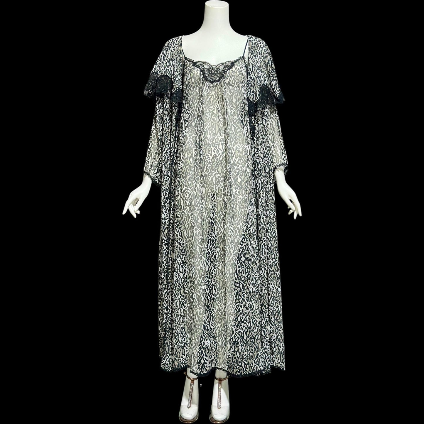 LUCIE ANN vintage 1970s nightgown robe peignoir set, black and white sheer animal print negligee slip dress set
