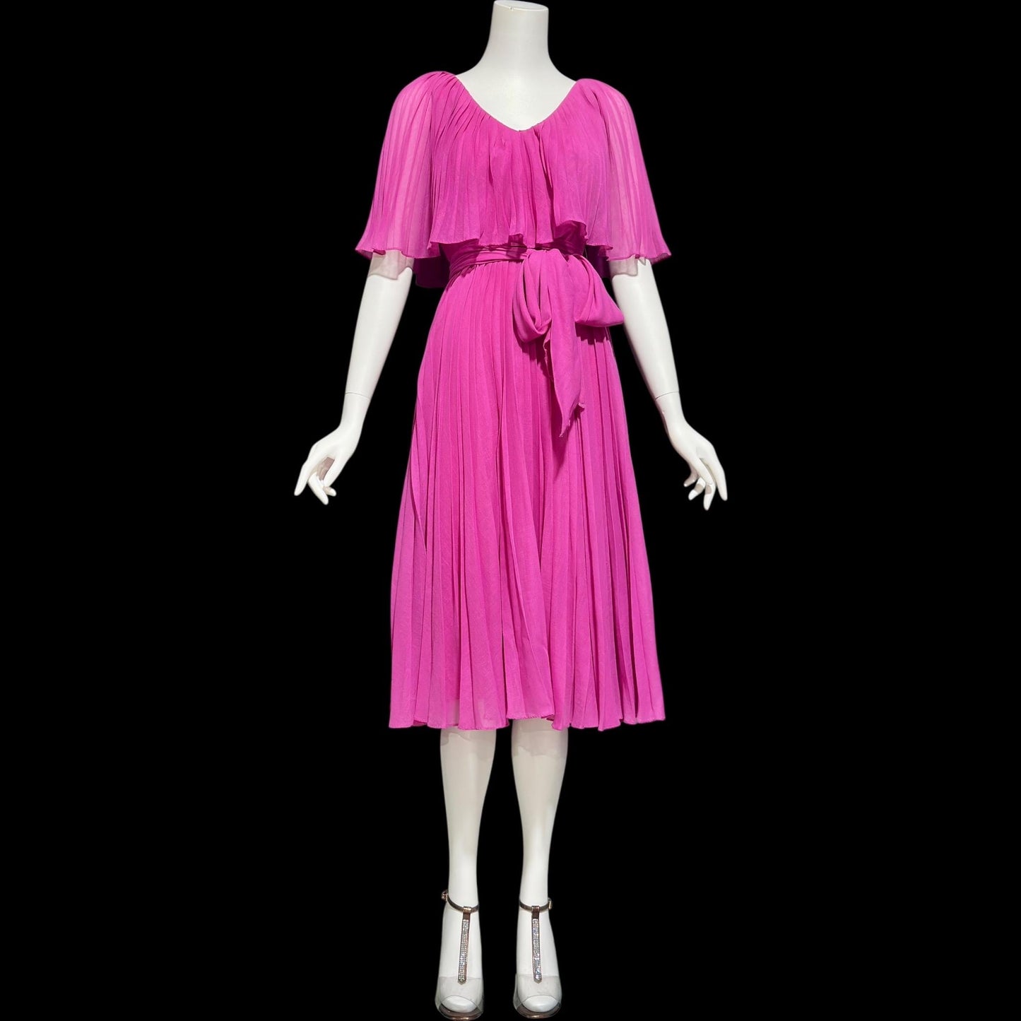 MISS ELLIETTE Vintage 1960s pleated party dress, pink cocktail dress, ruffled collar