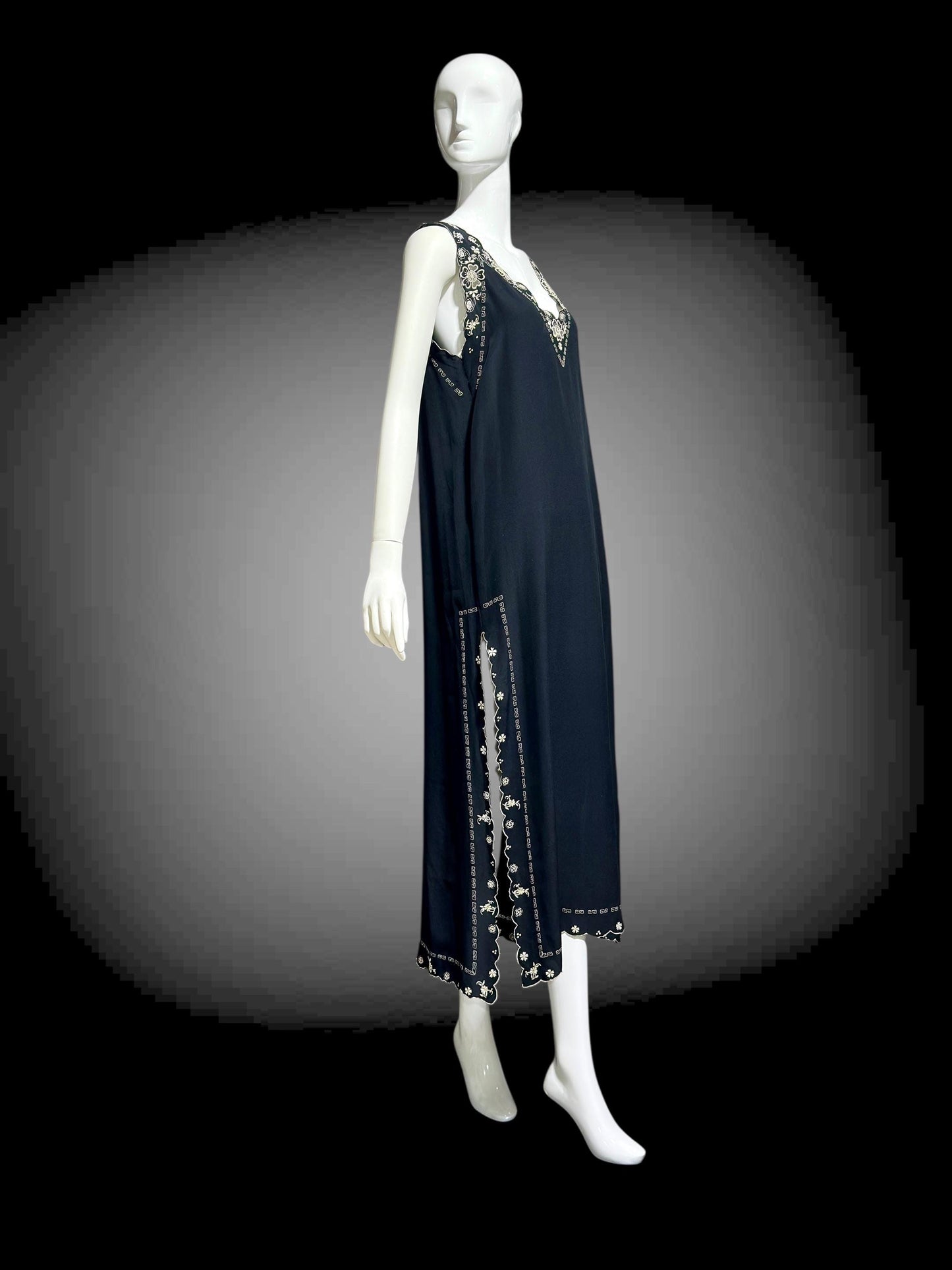 PEONY, vintage 1950s Silk Nightgown slip dress, black and white shift cut hand embroidered long gown