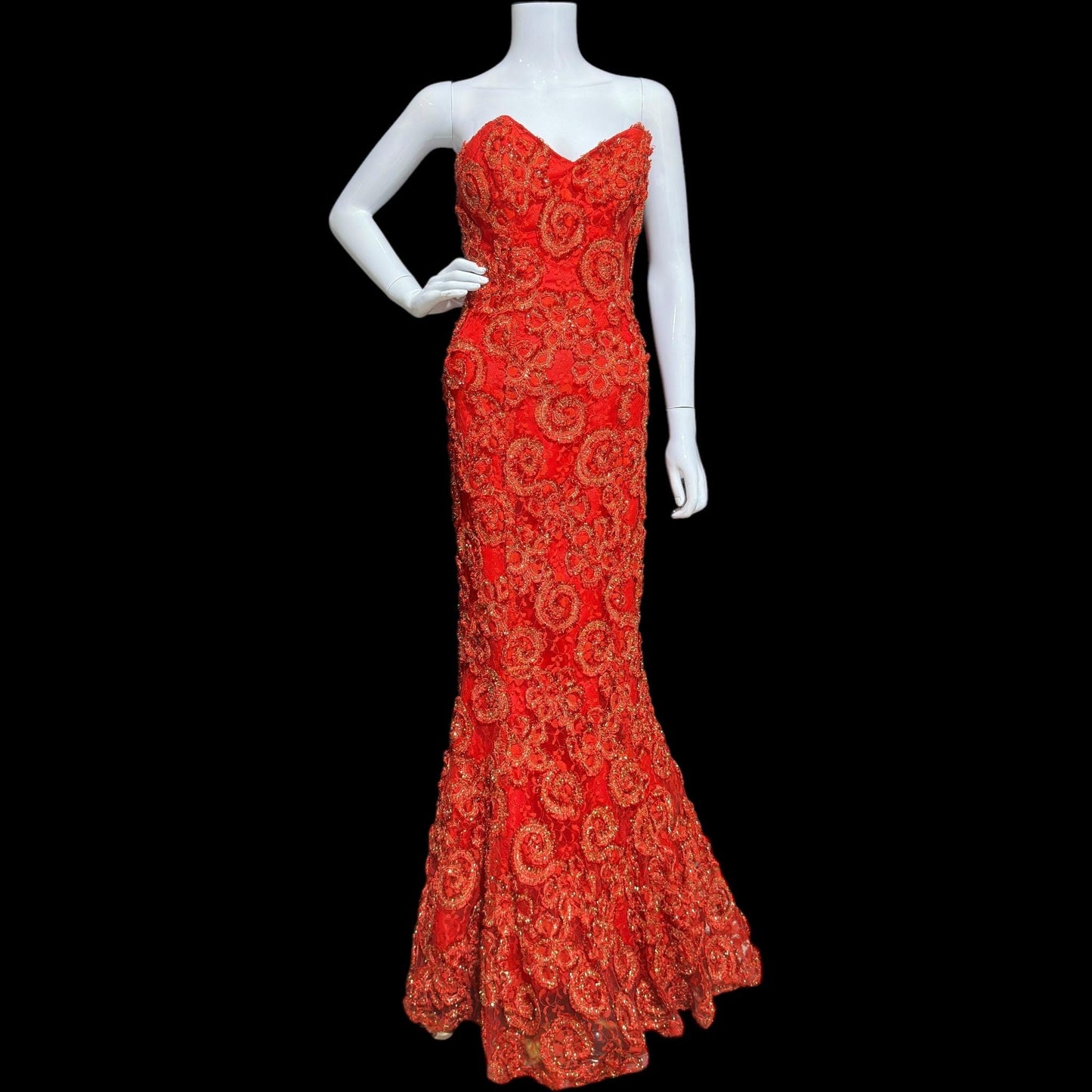 ALYCE DESIGNS, vintage 1980s evening dress, cherry red strapless sheath mermaid gown, bodycon and eyelash lace