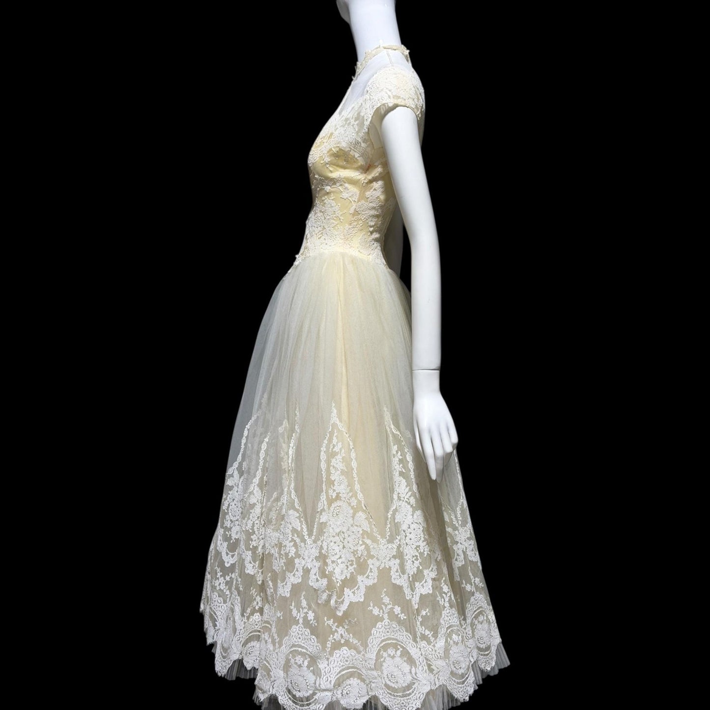 MARIE FOR PANDORA, vintage 1950s wedding dress, Lace high neck Bridal Cupcake Ball Gown
