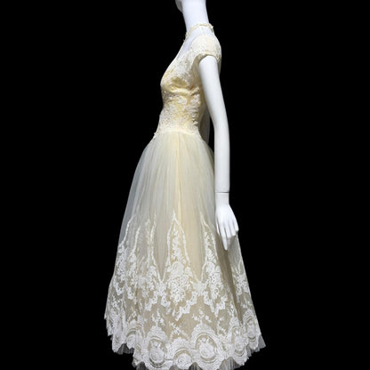 MARIE FOR PANDORA, vintage 1950s wedding dress, Lace high neck Bridal Cupcake Ball Gown