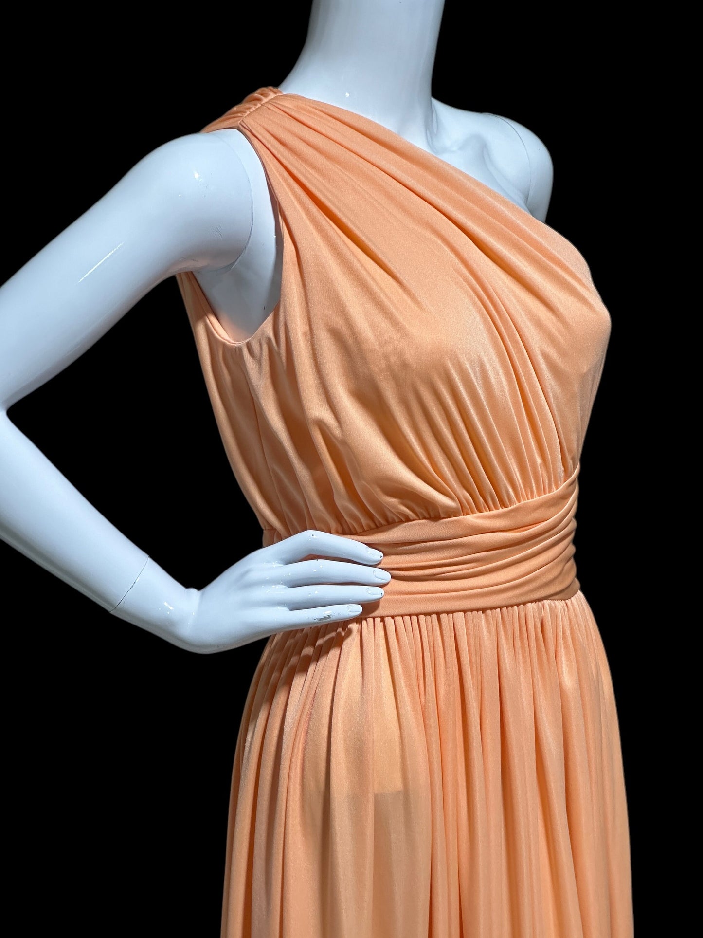 OLE BORDEN for Lillie Rubin, 1970s peach one shoulder evening gown, draped pleated grecian goddess gown