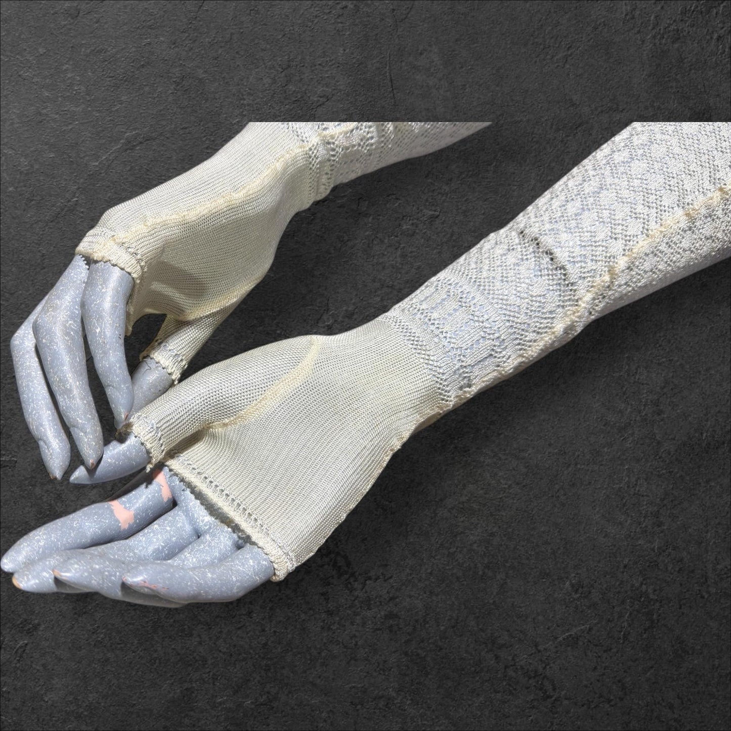 1930s vintage lace opera gloves, fingerless ivory crochet elbow length evening wedding bridal gloves