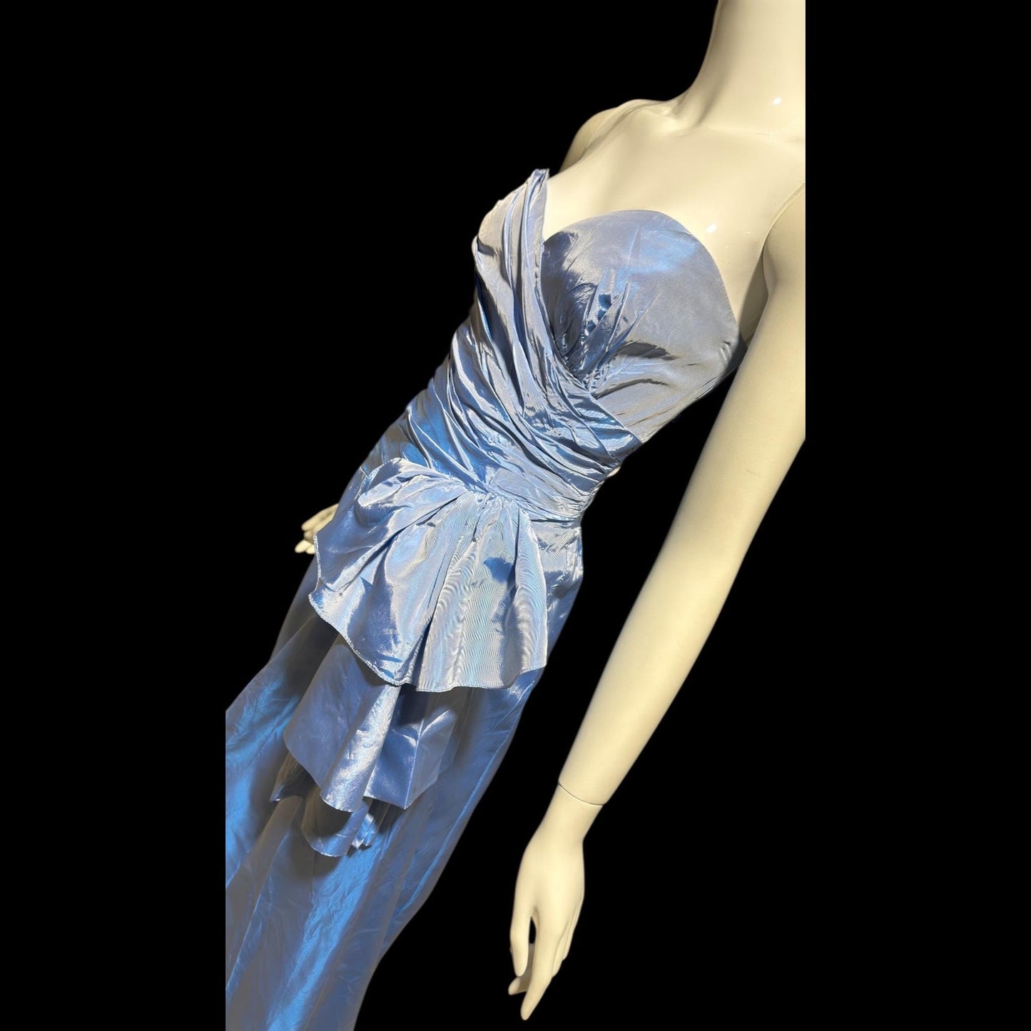 1980s vintage evening dress, Iridescent blue taffeta and ruffles, strapless prom party dress, medium