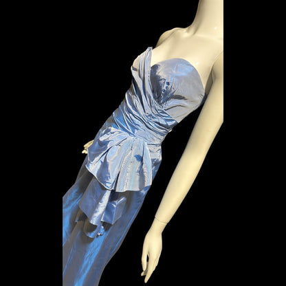 1980s vintage evening dress, Iridescent blue taffeta and ruffles, strapless prom party dress, medium