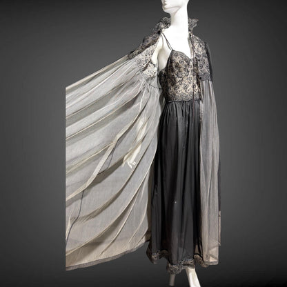 EYEFUL Vintage nightgown robe set, 1950s peignoir set, sheer black Old Hollywood lingerie dress