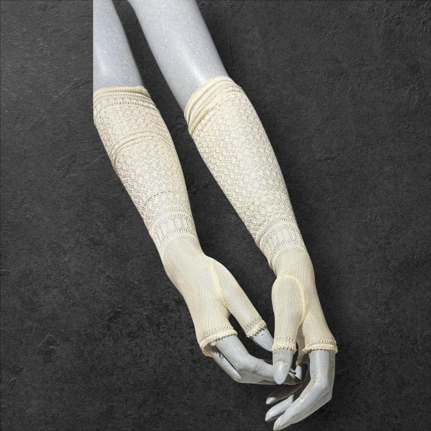 1930s vintage lace opera gloves, fingerless ivory crochet elbow length evening wedding bridal gloves