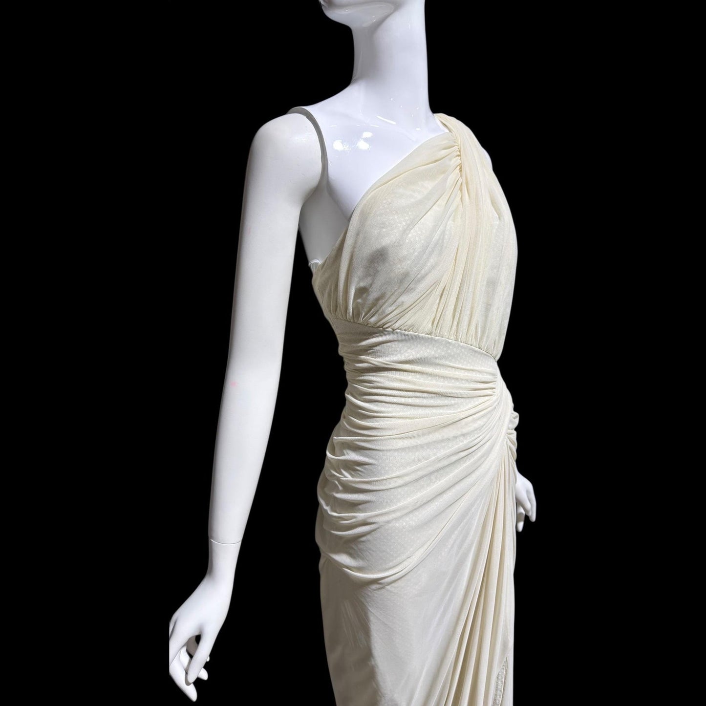TADASHI Vintage evening dress gown, 1980s Grecian bodycon white ruched gown