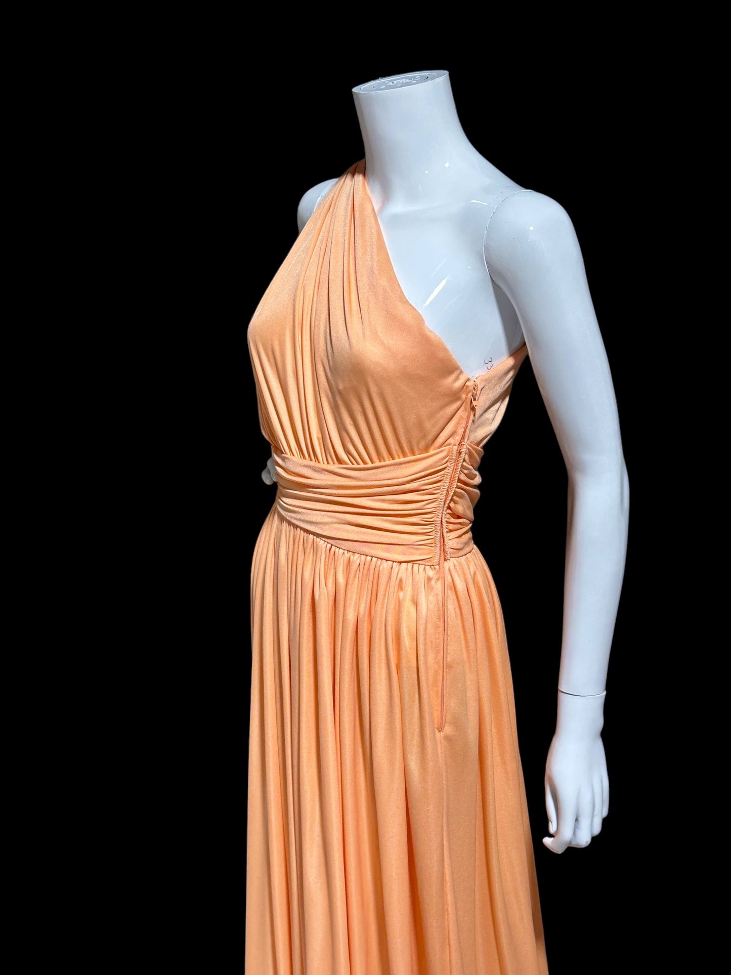 OLE BORDEN for Lillie Rubin, 1970s peach one shoulder evening gown, draped pleated grecian goddess gown