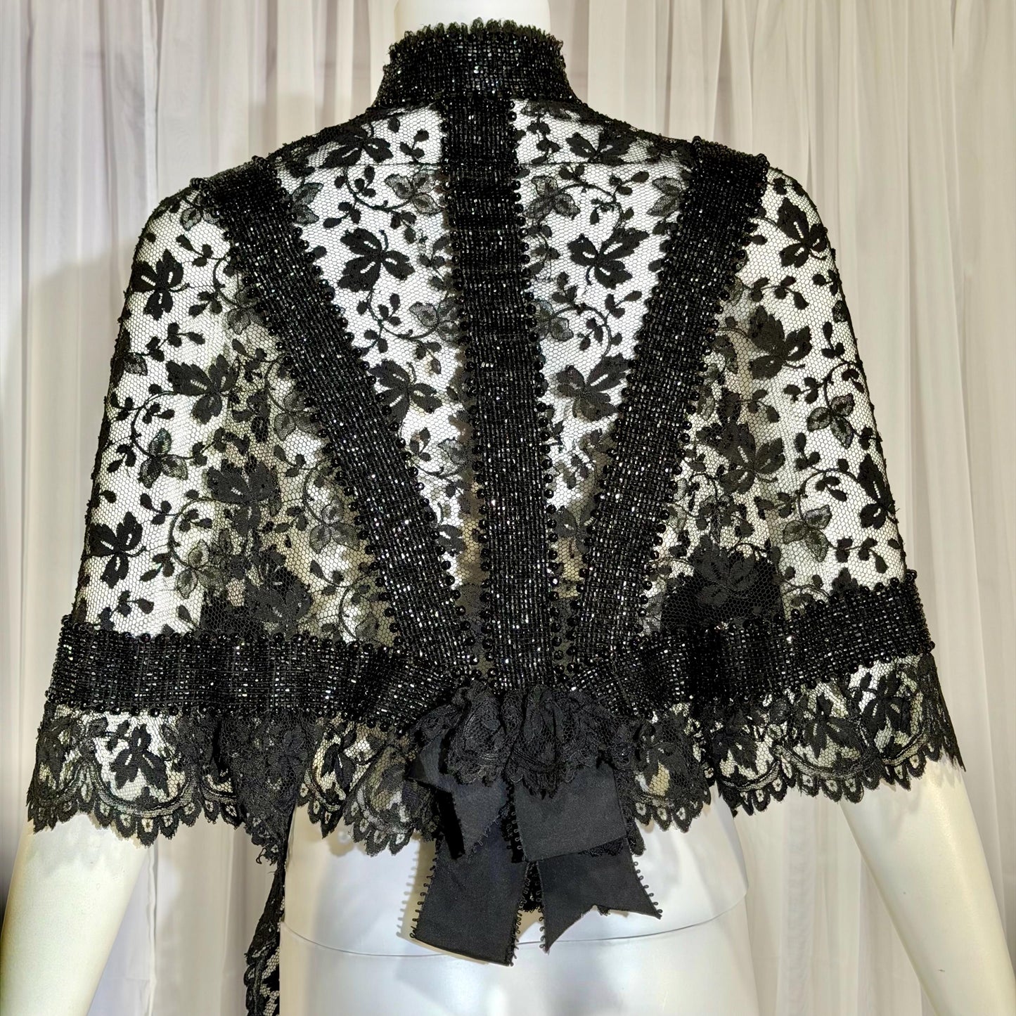 1800s Antique Victorian Mantelet, Black Lace & Beads capelet, shawl, wrap with lappets