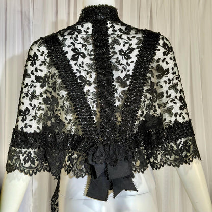 1800s Antique Victorian Mantelet, Black Lace & Beads capelet, shawl, wrap with lappets