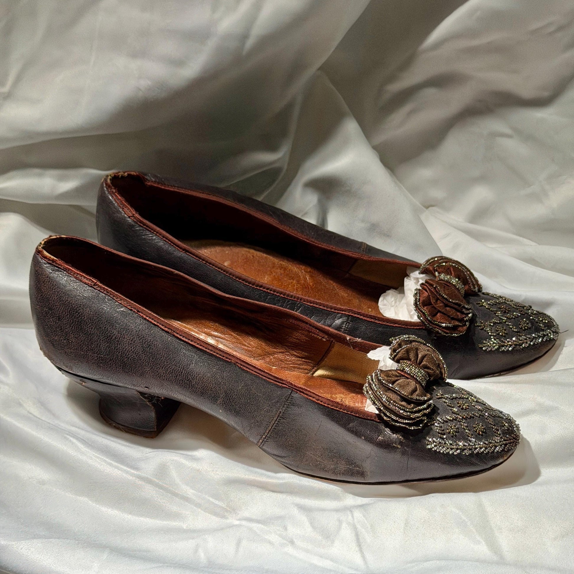 1800s Victorian Evening Slippers Shoes, J & Co JOHNSTON antique brown kidskin leather steel cut beads
