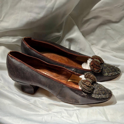 1800s Victorian Evening Slippers Shoes, J & Co JOHNSTON antique brown kidskin leather steel cut beads
