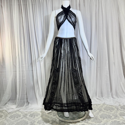 1800s Vintage Victorian mesh over skirt, Antique ornate sequin sheer maxi skirt