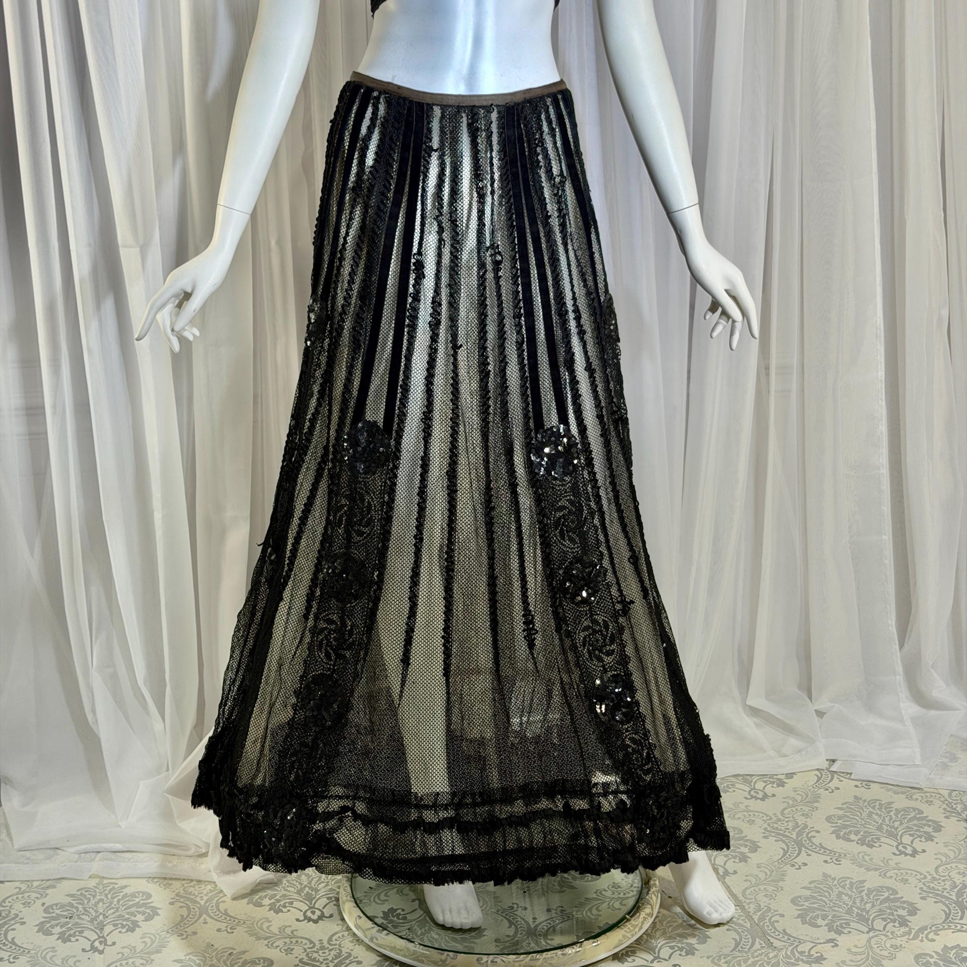 1800s Vintage Victorian mesh over skirt, Antique ornate sequin sheer maxi sk