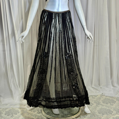 1800s Vintage Victorian mesh over skirt, Antique ornate sequin sheer maxi sk