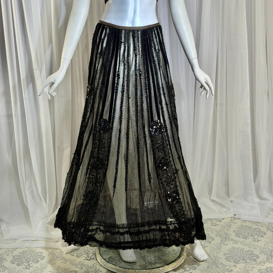 1800s Vintage Victorian mesh over skirt, Antique ornate sequin sheer maxi sk