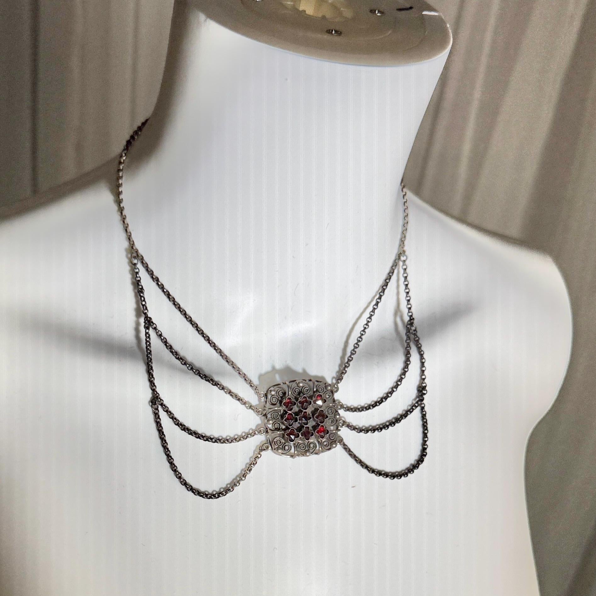 1900s Antique Vintage Bohemian Garnet Necklace, Silver Filigree Festooned Spider Web draped necklace