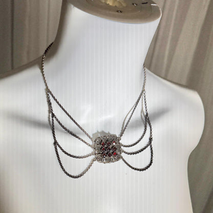 1900s Antique Vintage Bohemian Garnet Necklace, Silver Filigree Festooned Spider Web draped necklace