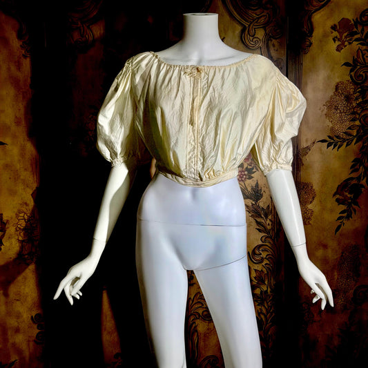 1900s Edwardian Antique 1906 corset cover, Vintage custom made white cotton puff sleeve crop top