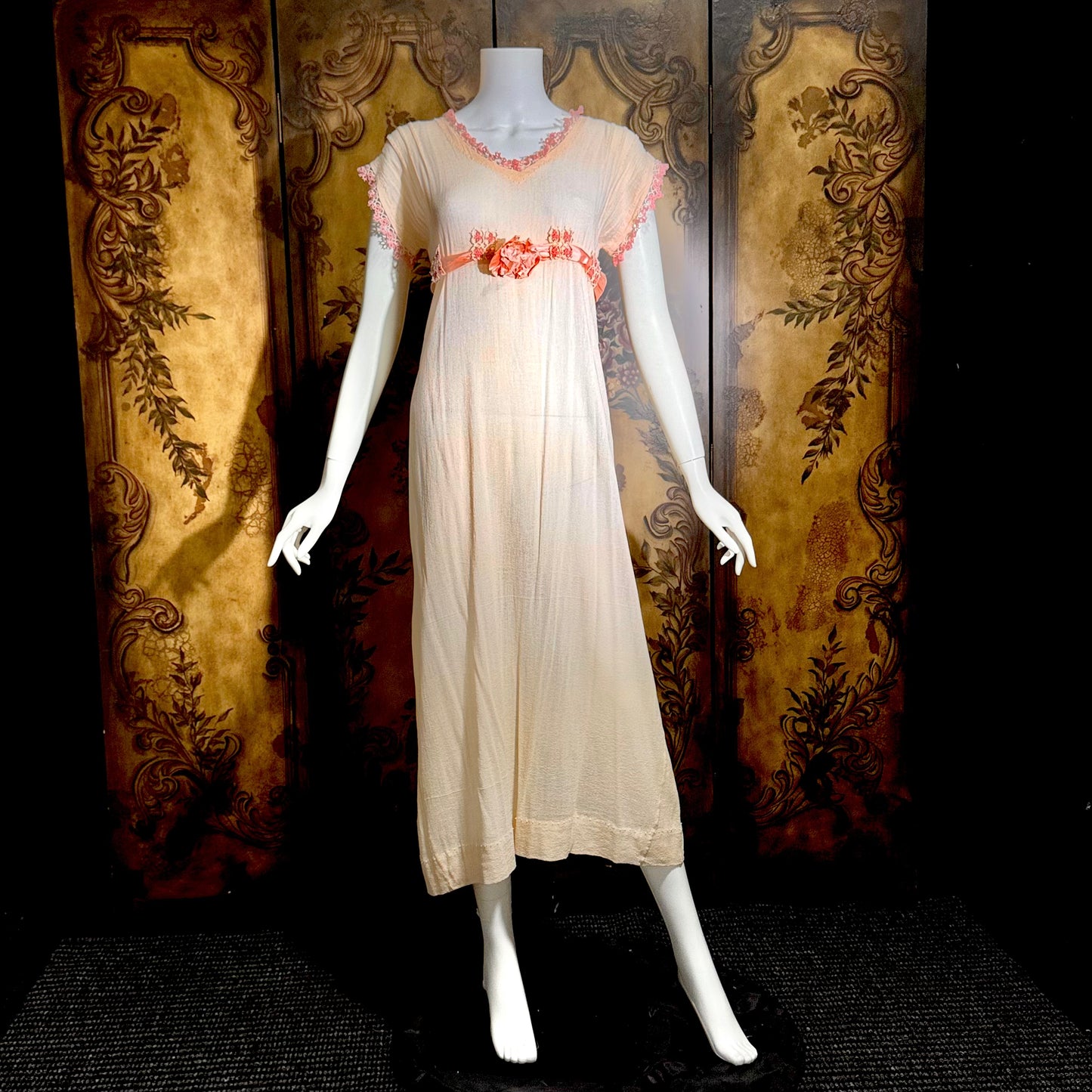 1900s Edwardian nightgown dress, Romantic Dusty pink cotton gauze muslin lingerie dress with needlework