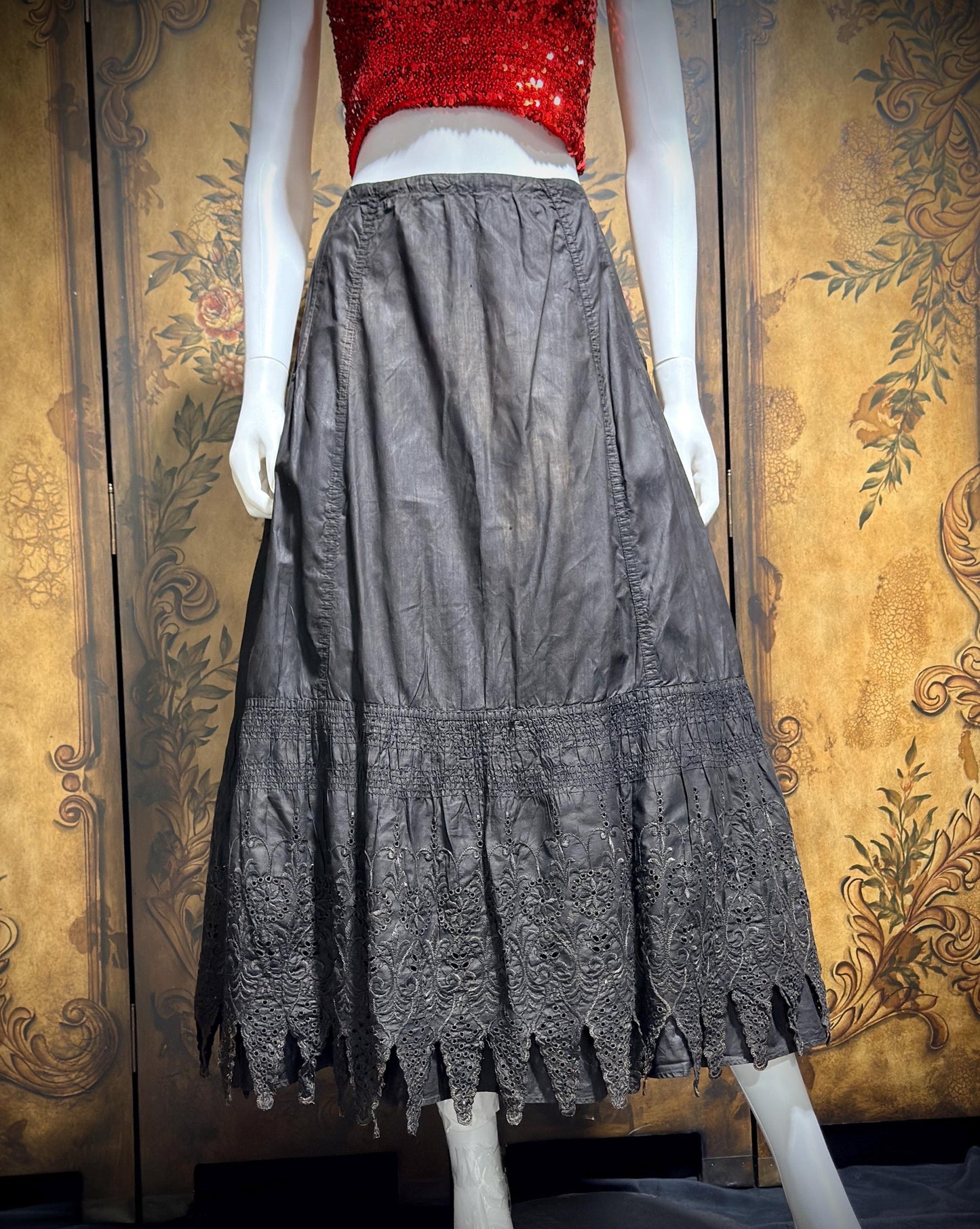 1900s Vintage Victorian petticoat, Black eyelet Antique polished cotton maxi skirt