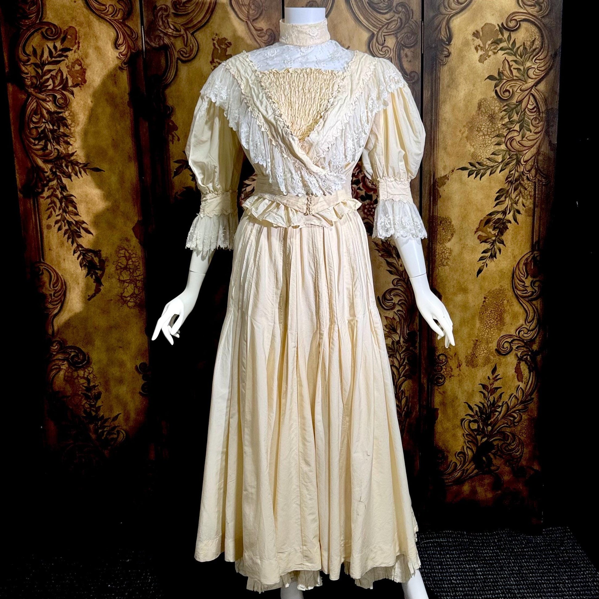 1906 Edwardian Victorian wedding dress, Vintage custom made white cotton high neck 4 pc gown