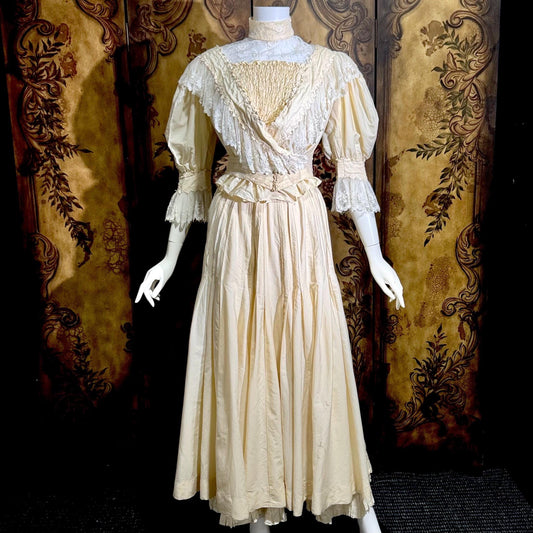 1906 Edwardian Victorian wedding dress, Vintage custom made white cotton high neck 4 pc gown