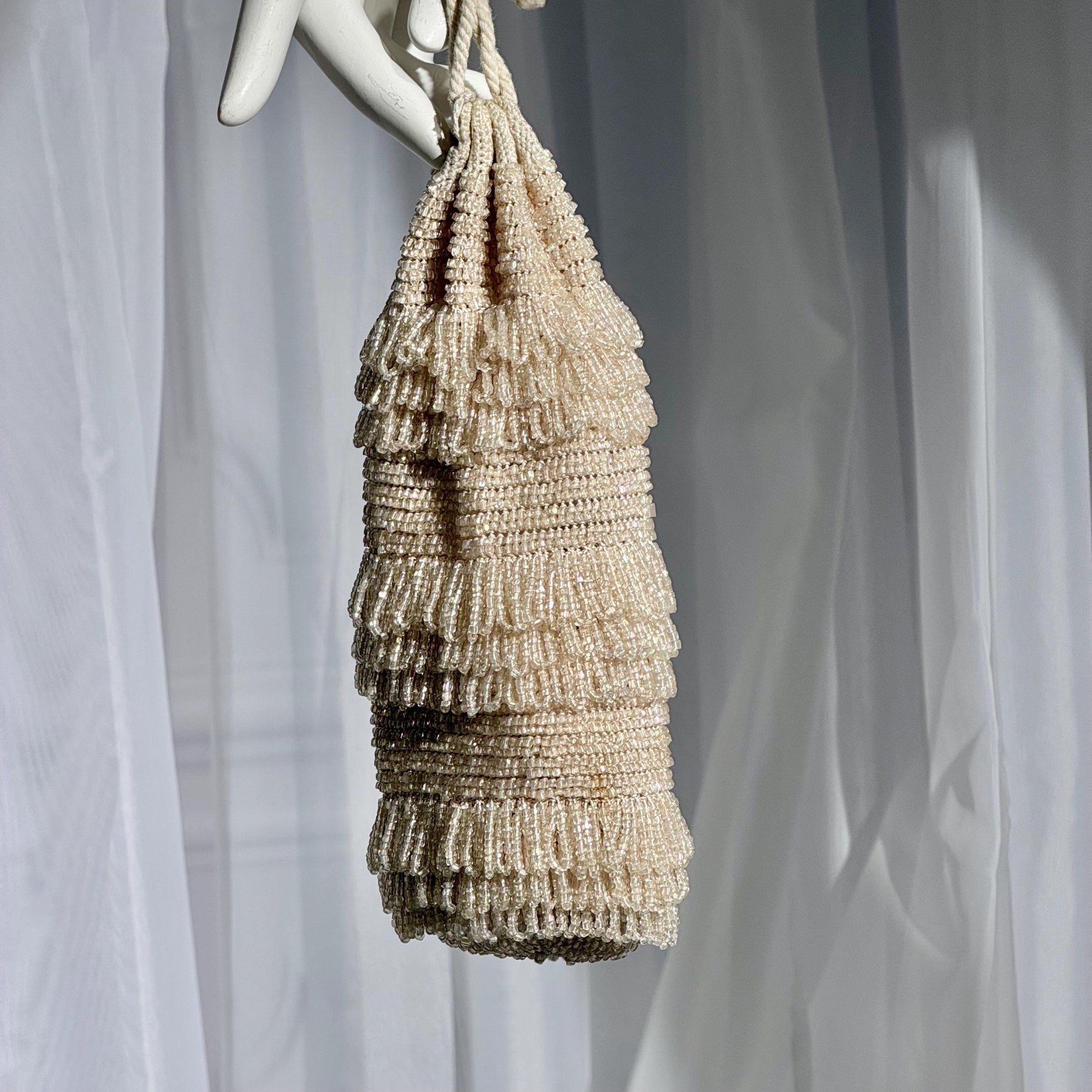 1920s Antique Vintage Beaded Dance Bag, White Glass Art Deco Drawstring tassel Wrist purse