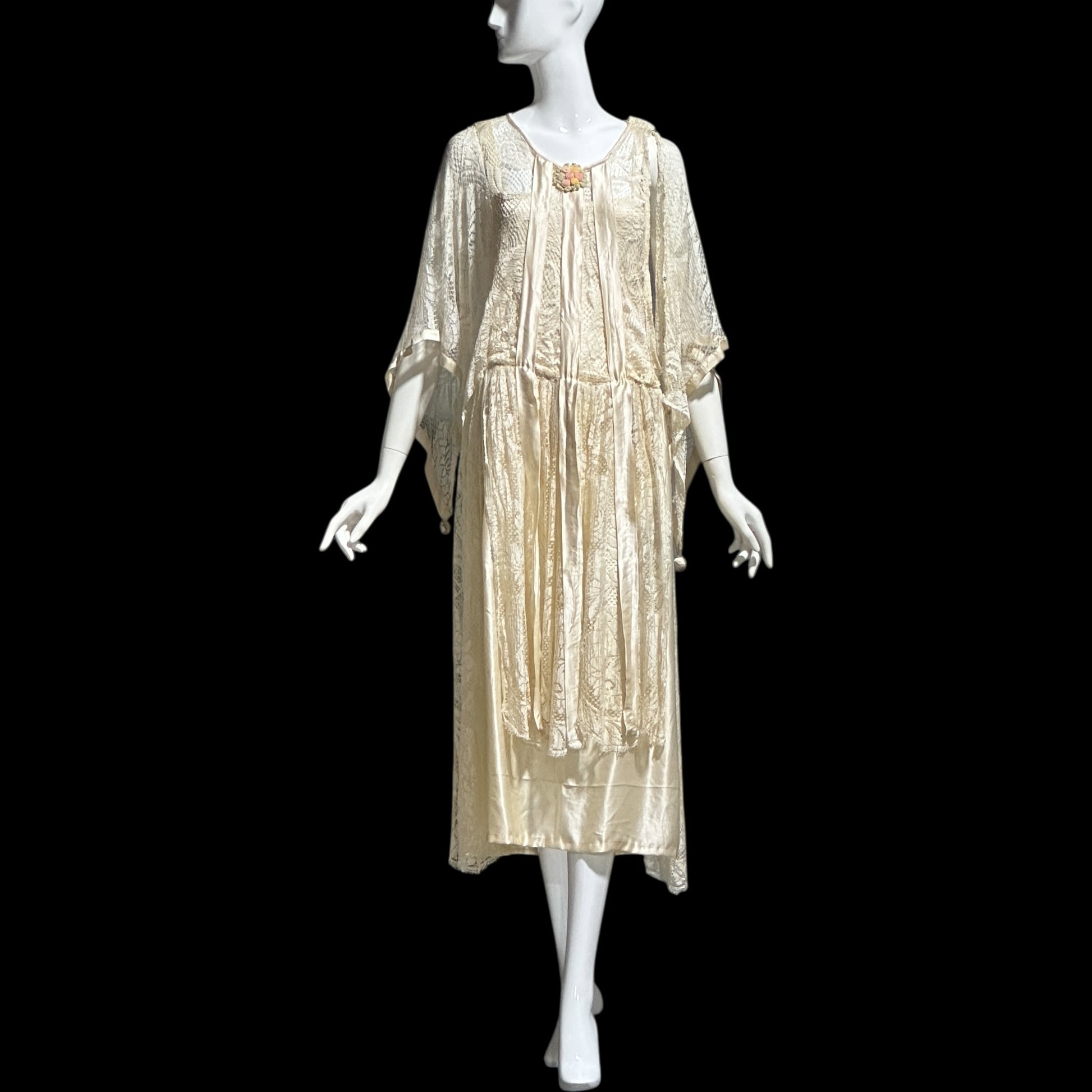 1920s Antique vintage wedding dress, Handmade candlelight white silk and lace slip dress with scarf sleeves, bridal flapper dress