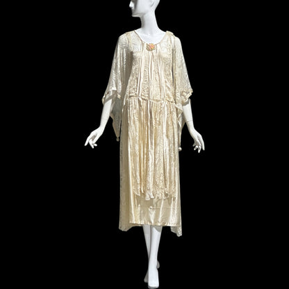 1920s Antique vintage wedding dress, Handmade candlelight white silk and lace slip dress with scarf sleeves, bridal flapper dress