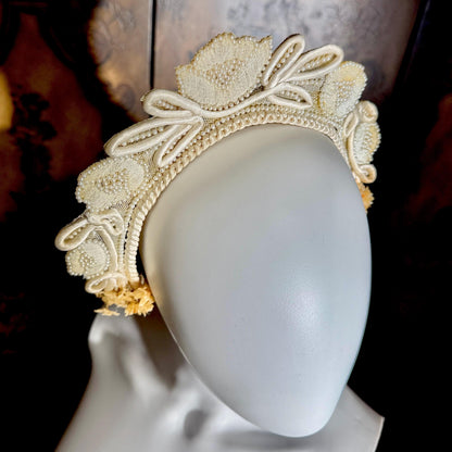 1920s vintage bridal crown tiara, white seed pearl and lace antique wedding head piece, wax flowers