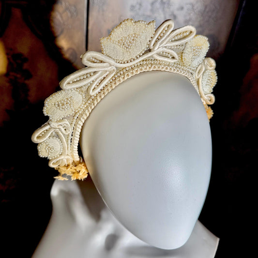 1920s vintage bridal crown tiara, white seed pearl and lace antique wedding head piece, wax flowers