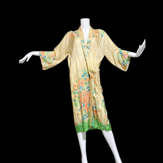 1920s vintage dressing gown robe, Ponge silk floral flapper style duster housecoat lingerie dress