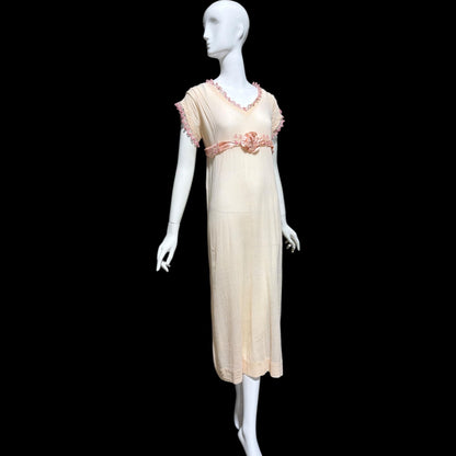 1920s vintage nightgown dress, Romantic Dusty pink cotton gauze muslin lingerie dress with needlework