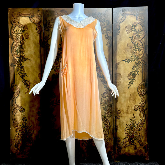 1920s vintage nightgown slip dress, peach sorbet silk shift lingerie dress