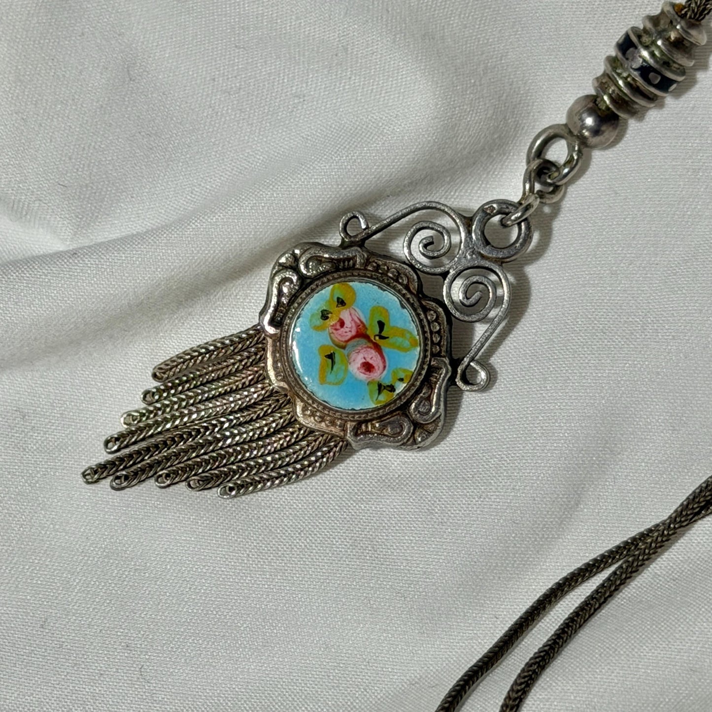 1930s Vintage Chatelaine necklace, Silver with painted roses, double sided pendant, fringe and filigree