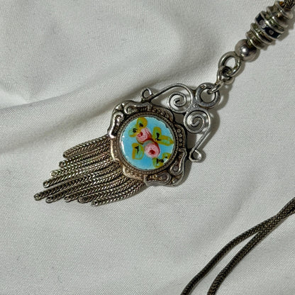 1930s Vintage Chatelaine necklace, Silver with painted roses, double sided pendant, fringe and filigree