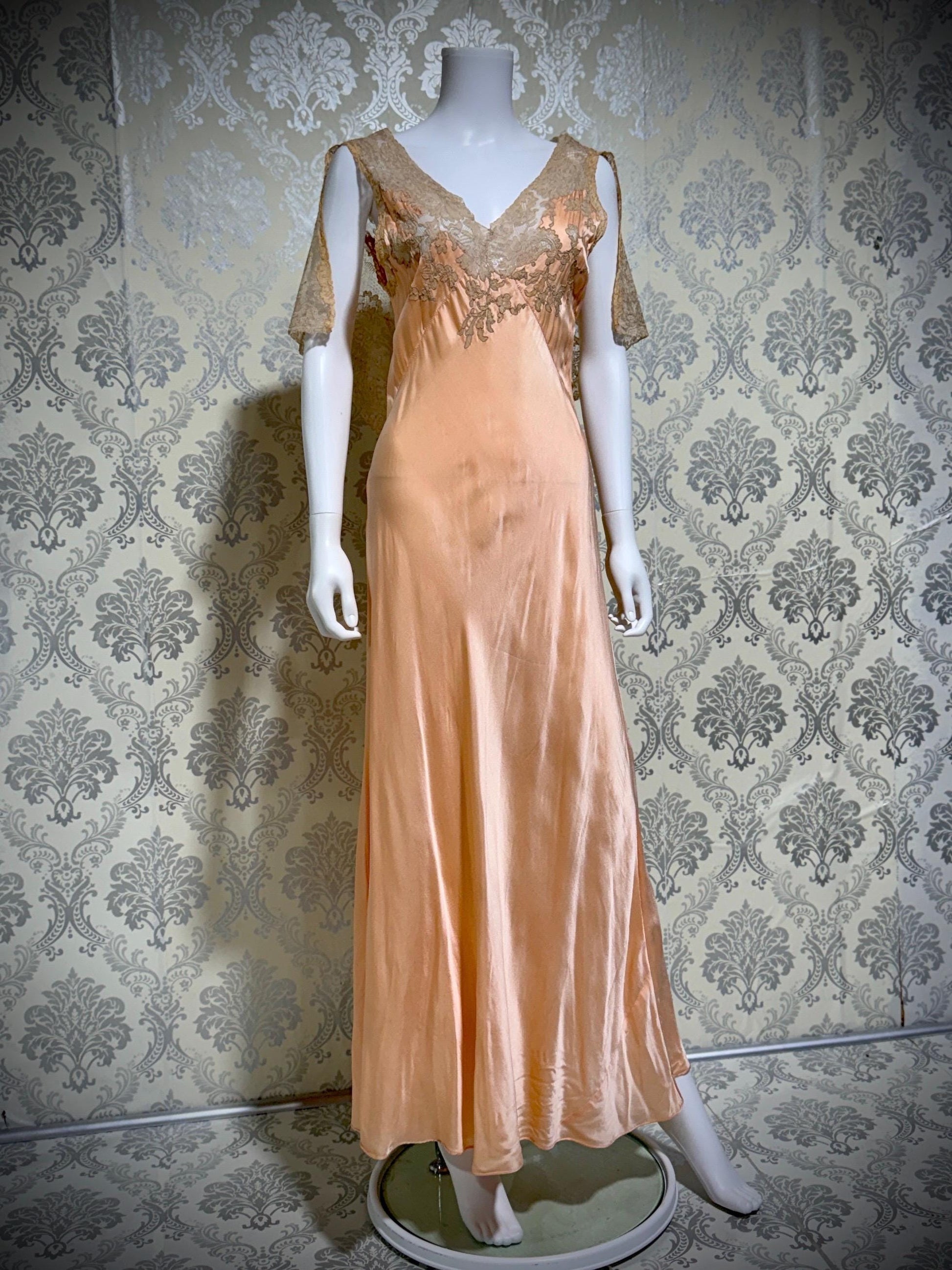 1930s Vintage Nightgown Slip Dress, peach silk and lace bias cut sheath lingerie dress