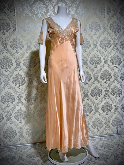 1930s Vintage Nightgown Slip Dress, peach silk and lace bias cut sheath lingerie dress