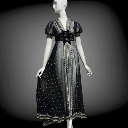 1930s Vintage Sheer Lace Evening Dress: Black embroidered babydoll Dress